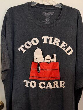 SNOOPY PEANUTS DK GRAY GRAPHIC T-SHIRT TOO TIRED TO CARE  SZ 4XL Nightshirt #1
